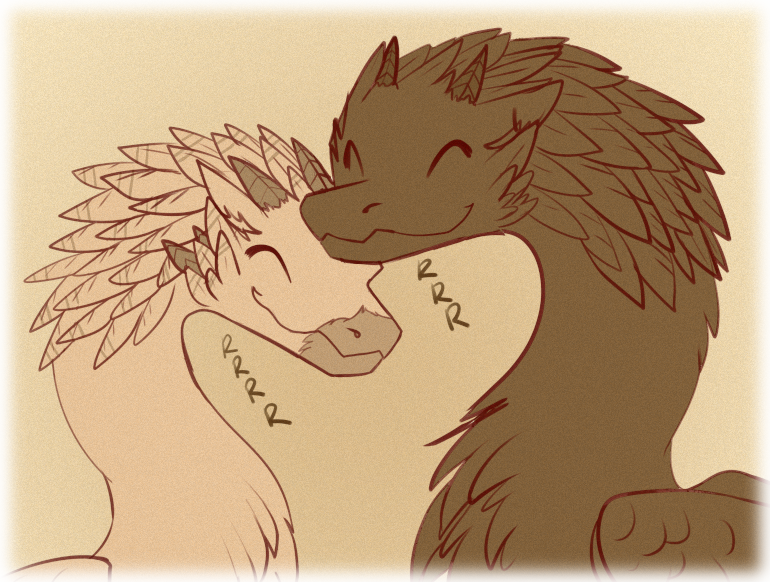 Enyll and Nakino nuzzle their heads together and rumble a comforting rumble. 