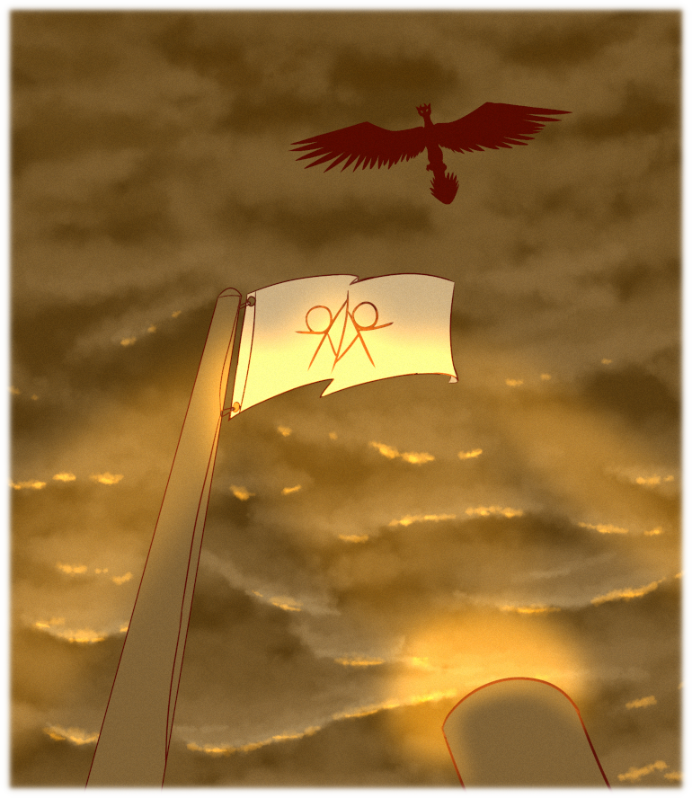 Flying in silhouette above the palace, Asha gazes upon the flag of the Confederacy of Nortane. Flying in silhouette above the palace, Asha gazes upon the flag of the Confederacy of Nortane.