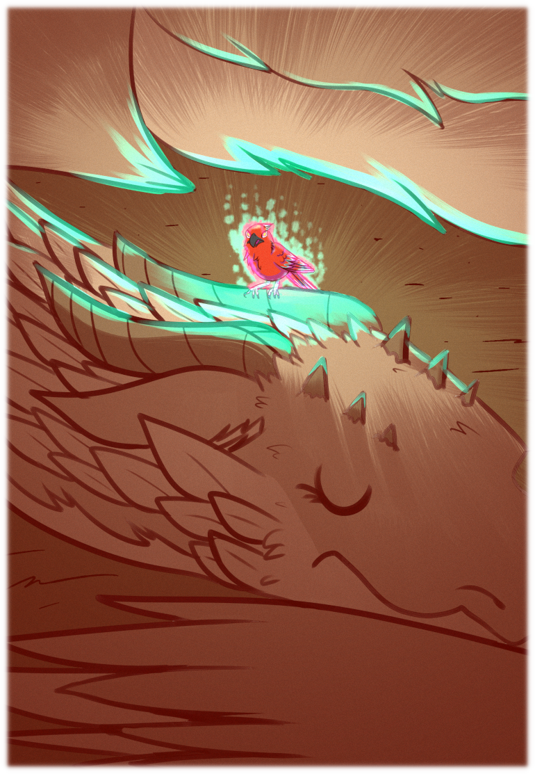 Gust rests upon Asha's horn, completely oblivious to the fact that she'll try and prey on him the next time they meet. Hey, buddy! Don't you have some kind of future sight power as well? Oh well. It's not like the Princess could harm him in any way that matters. Gust rests upon a sleeping Asha's horn emanating wide beams of light that fill the room in an eerie glow.