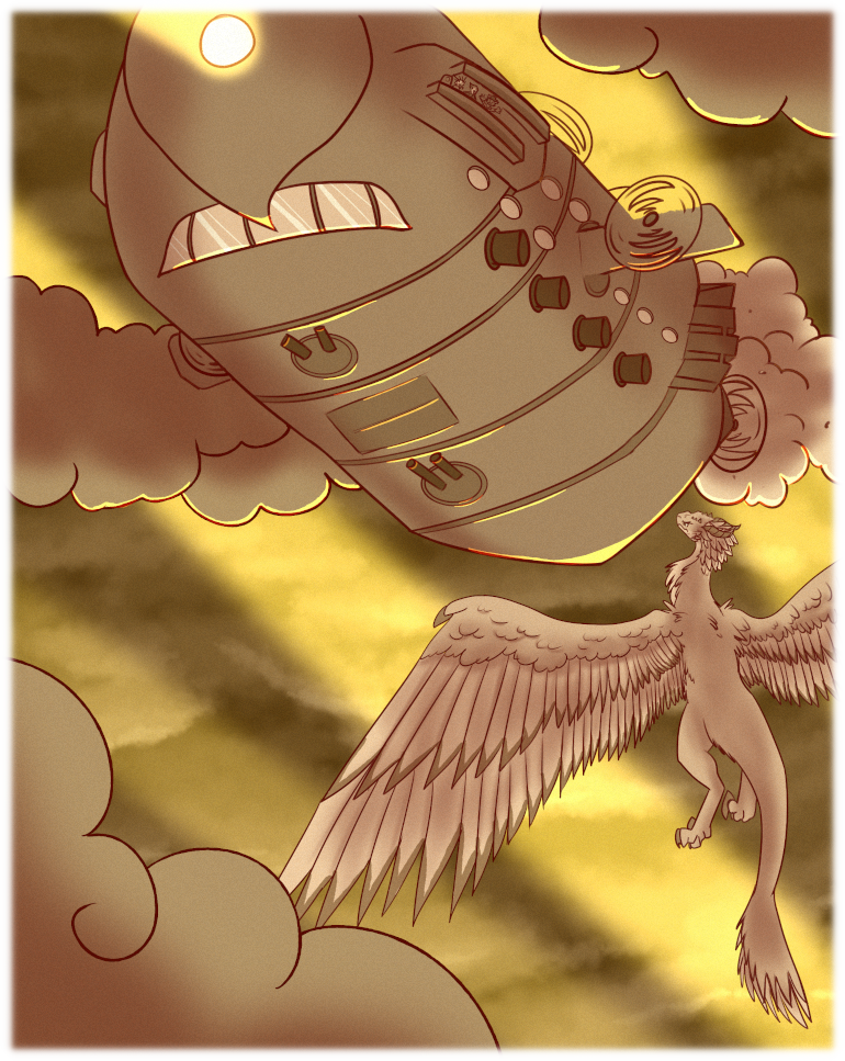 Oh, hey! I've been on one of those ships before! They're kinda cramped and there's not a lot of room to sleep in the bunks. Really, if at all possible you should try to get deployed to an Orion cla— …hm? Oh, right. The illustration. Well, I'd say it doesn't look good for the Avians and their friend, does it? A massive, forboding airship looms in the sky above Asha as searchlights scan the sky. The Farlanders can be seen on one of the outside decks of the ship, gazing down at the two Kin.