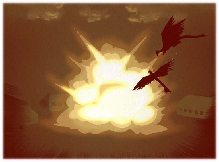 Oh, dear. I mean, they were going to retire that ship soon anyways, right? …Yeah. Um, it's fine, really. A Lordanou shooting down an airship-prey over Varecia is totally fine. A fireball rises through the night sky, revealing Kuro and Asha as they watch the dying airship-prey.